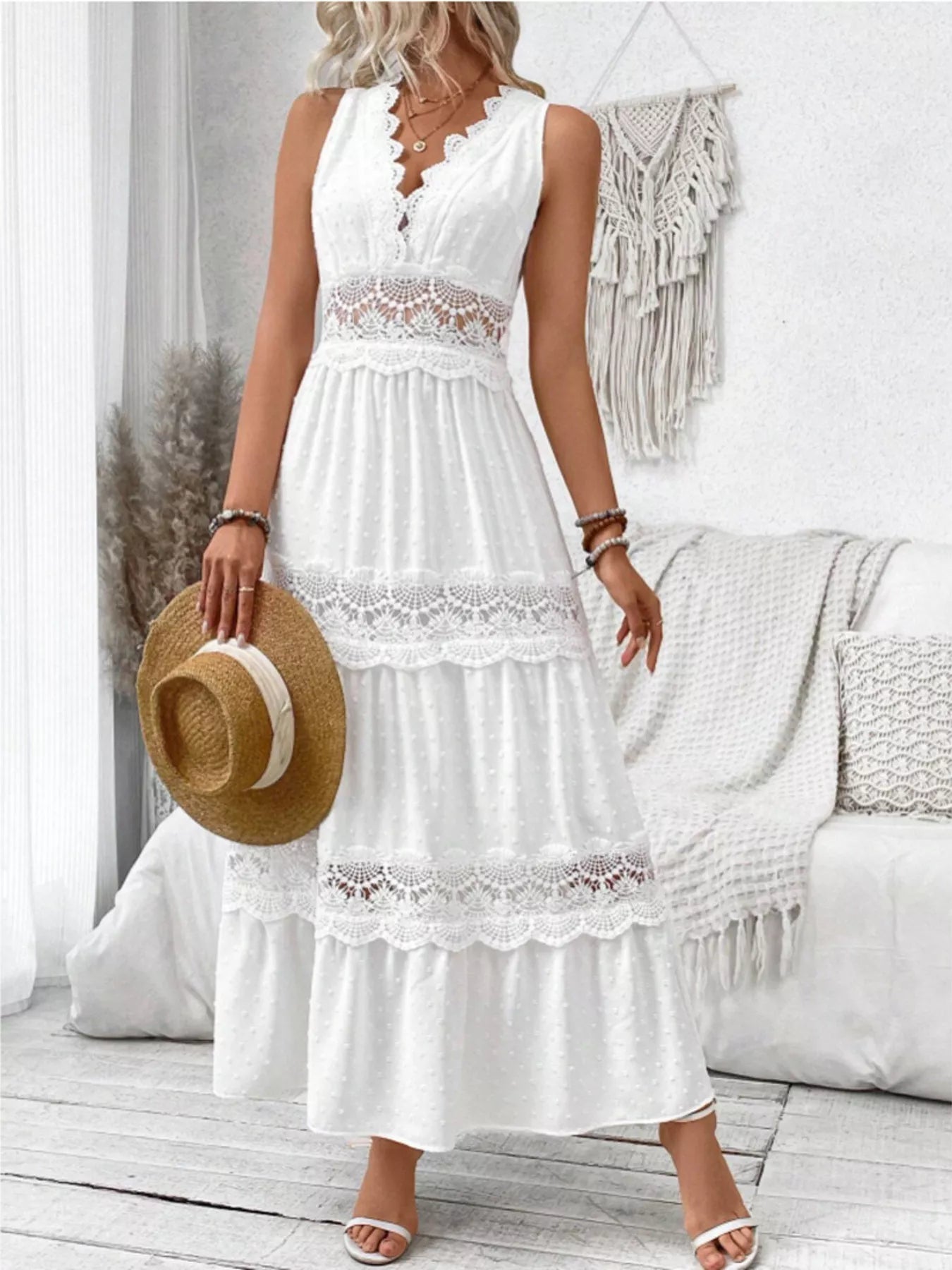 Full Size Lace Detail Tie Back Sleeveless Tiered Dress Plus Size 