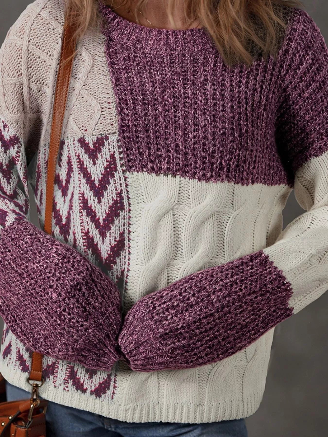 Color Block Patchwork Knotted Back Loose Fit Sweater 