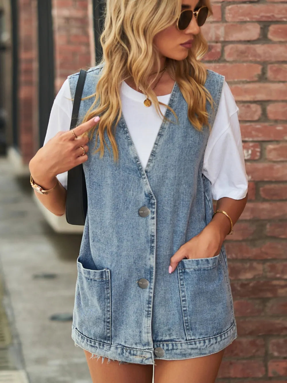 Full Size V-Neck Button Up Denim Vest 