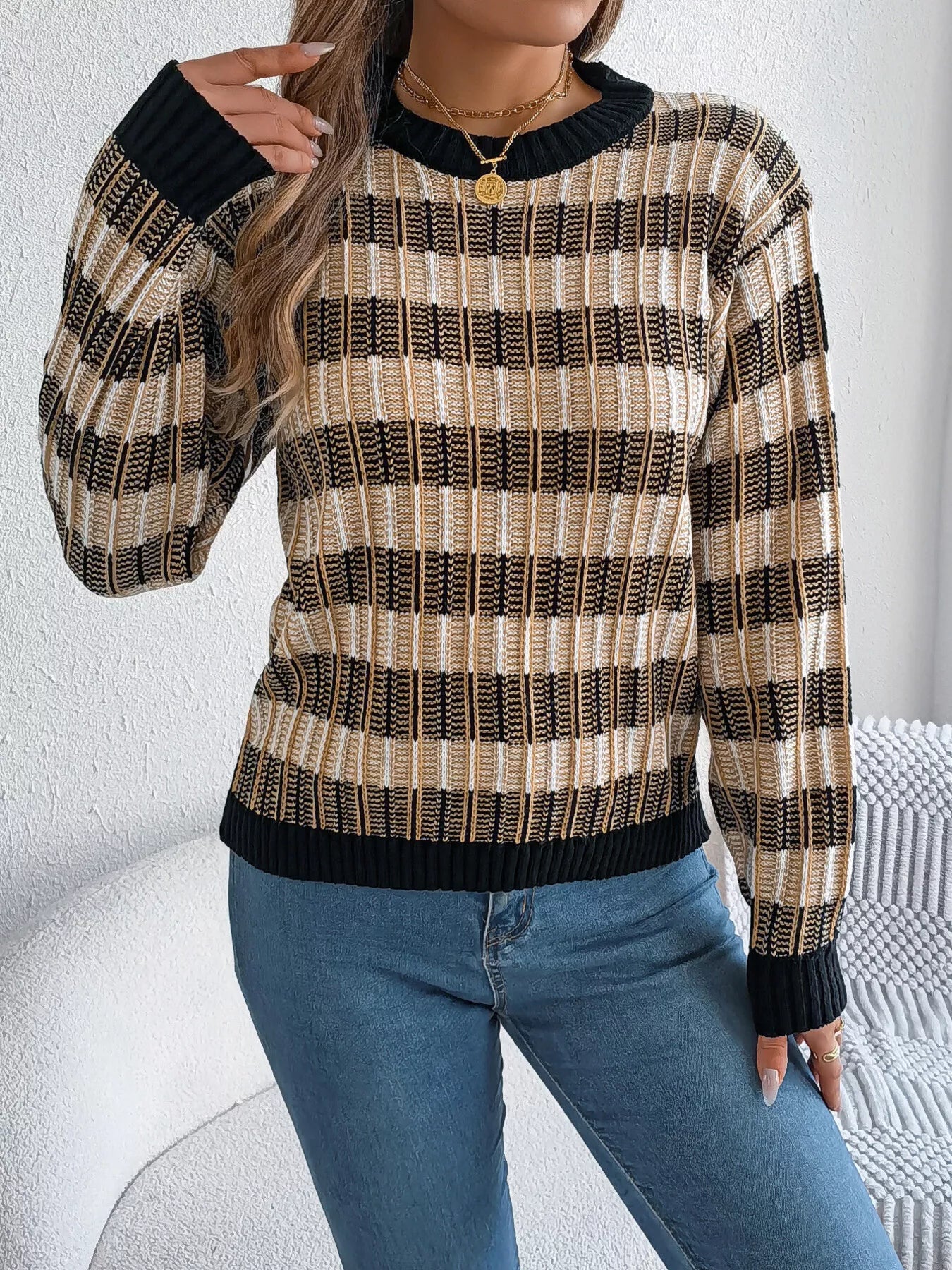 Striped Round Neck Long Sleeve Sweater 