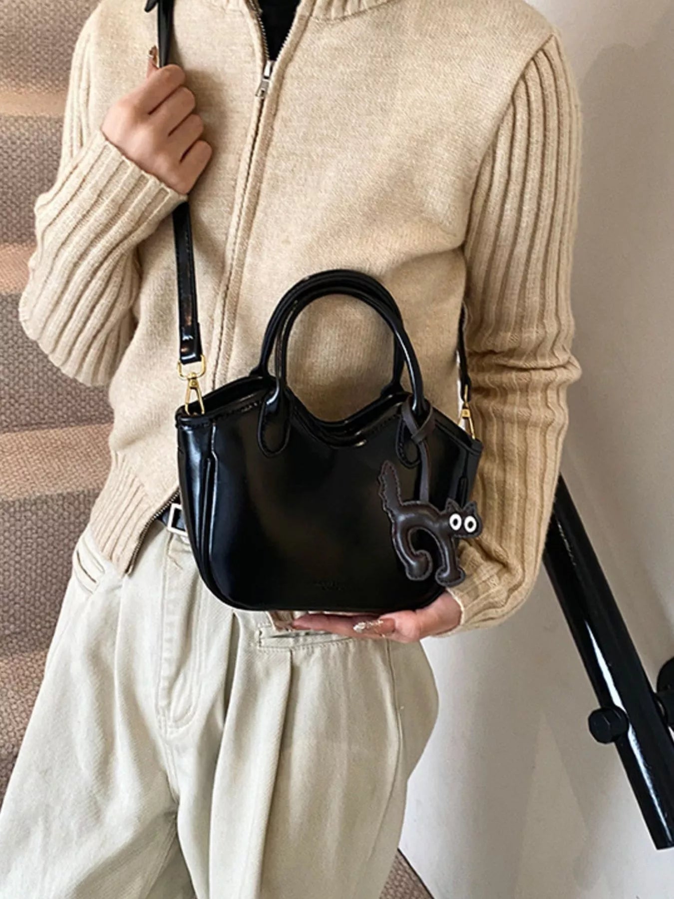 Leather Cat Charm Crossbody Bag 