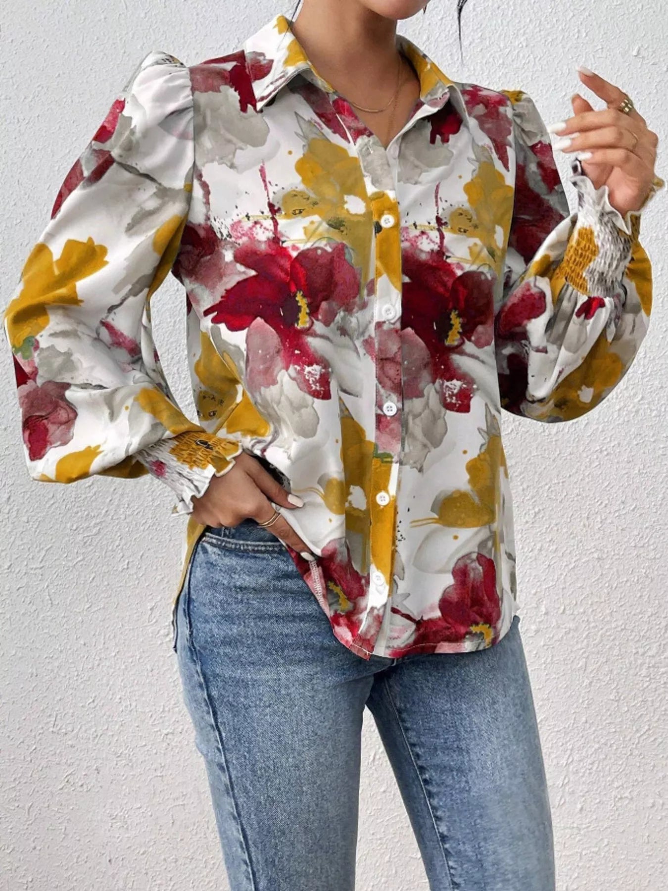 Printed Button Up Lantern Sleeve Shirt 