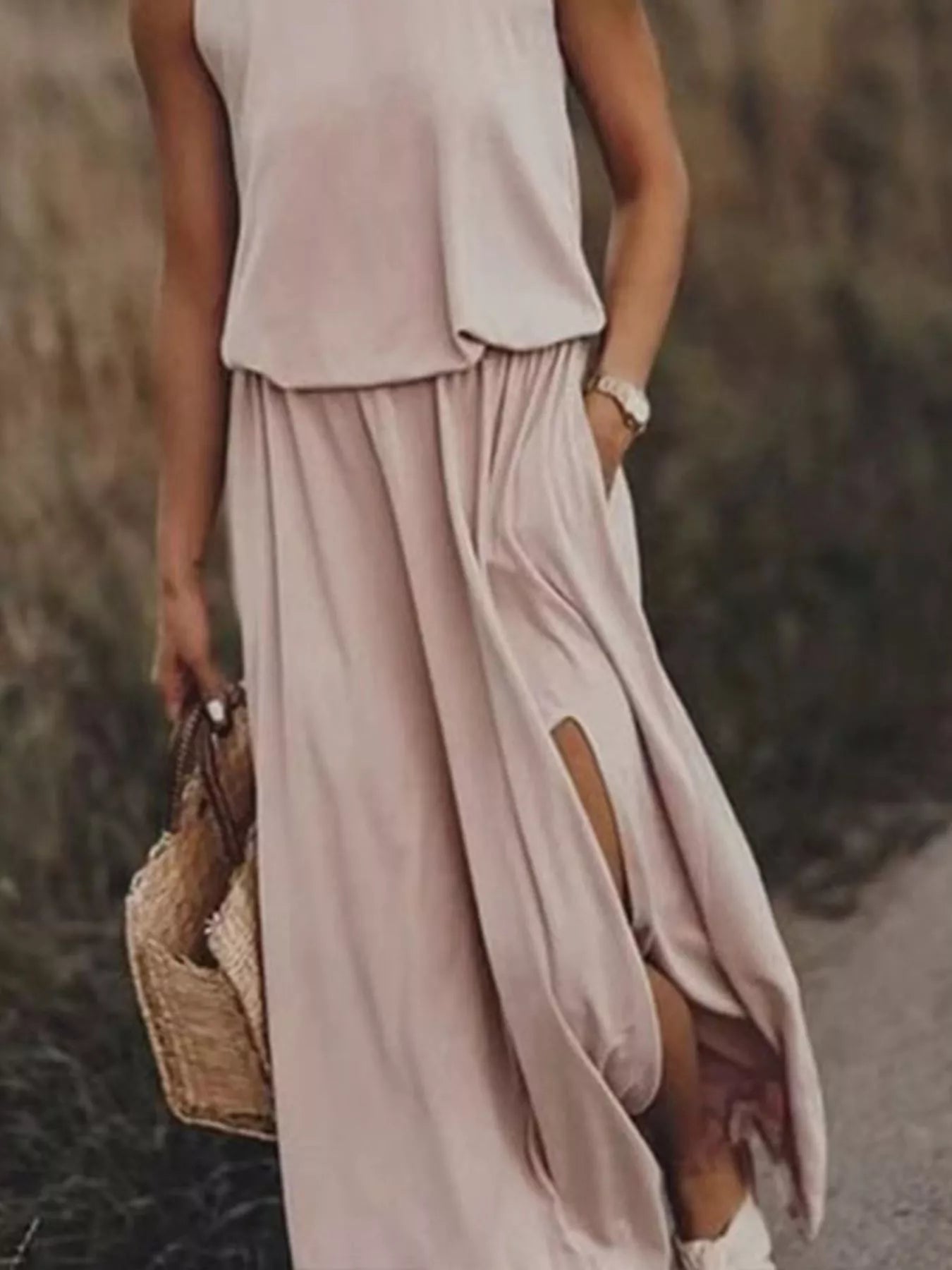 Full Size Round Neck Sleeveless Slit Maxi Dress Plus Size 