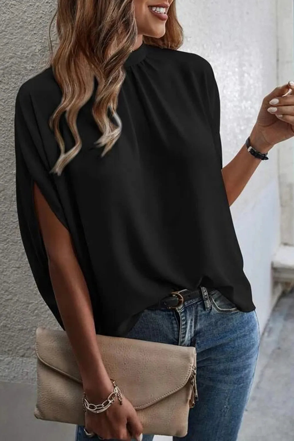 Tie Back Slit Half Sleeve Blouse 