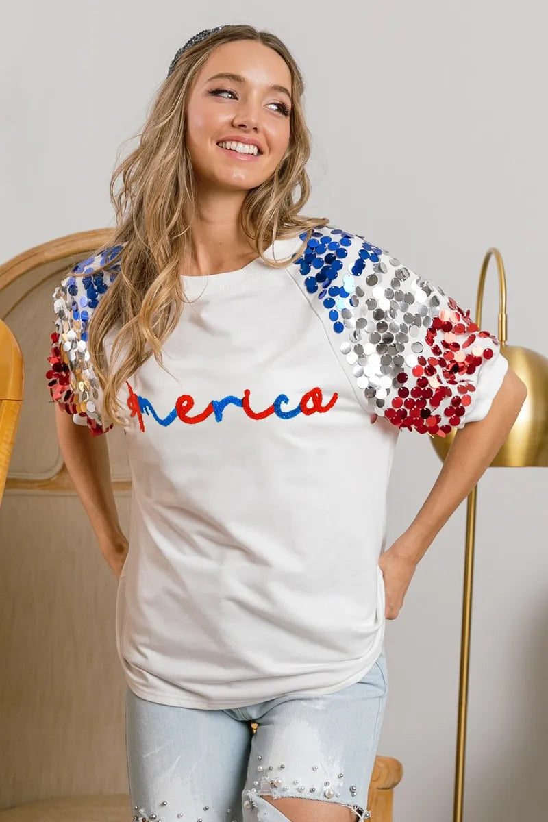BiBi America Letter Applique Spangle Puff Sleeves Top 
