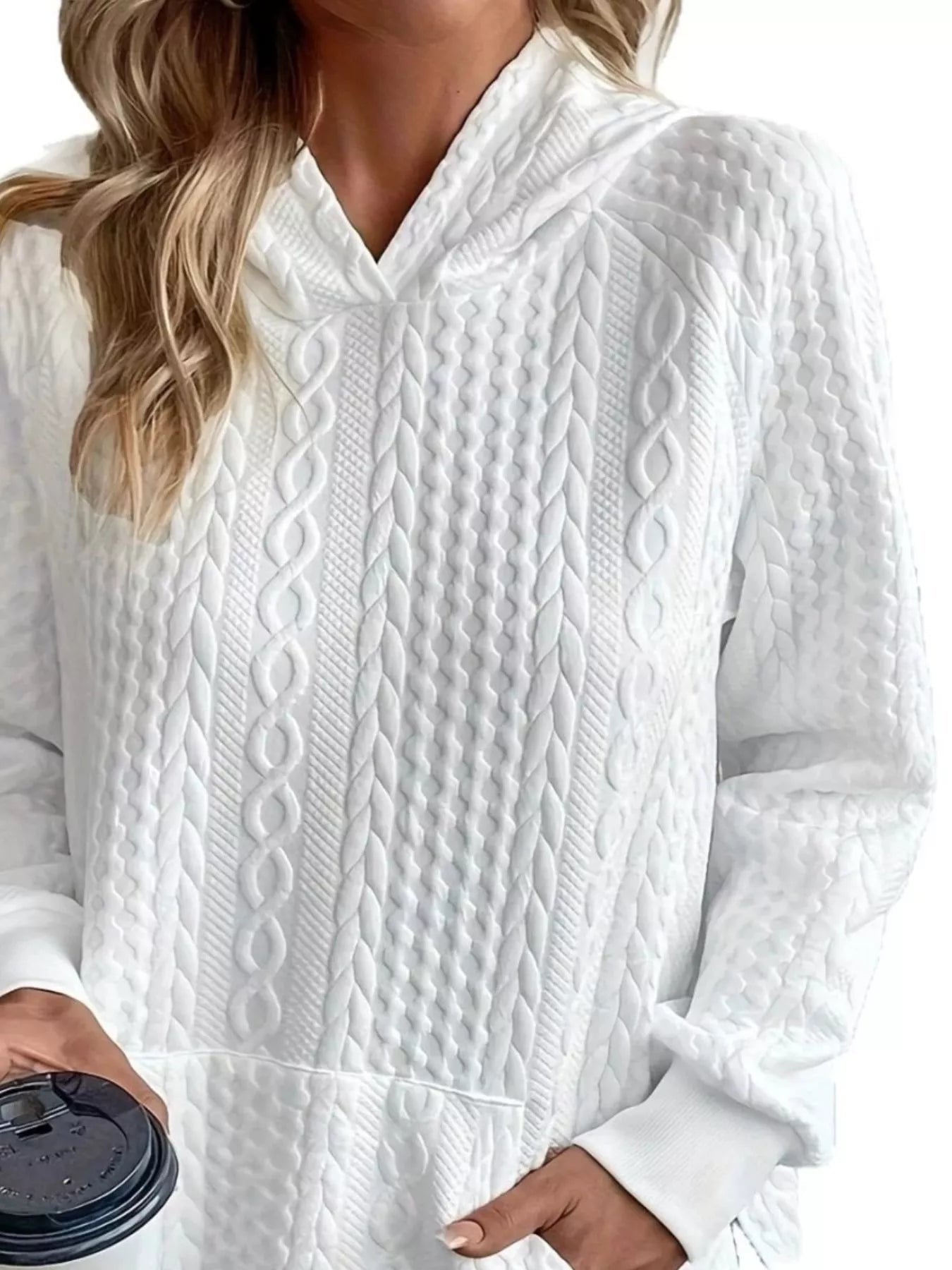 Cable Texture Hoodie with Side Button 