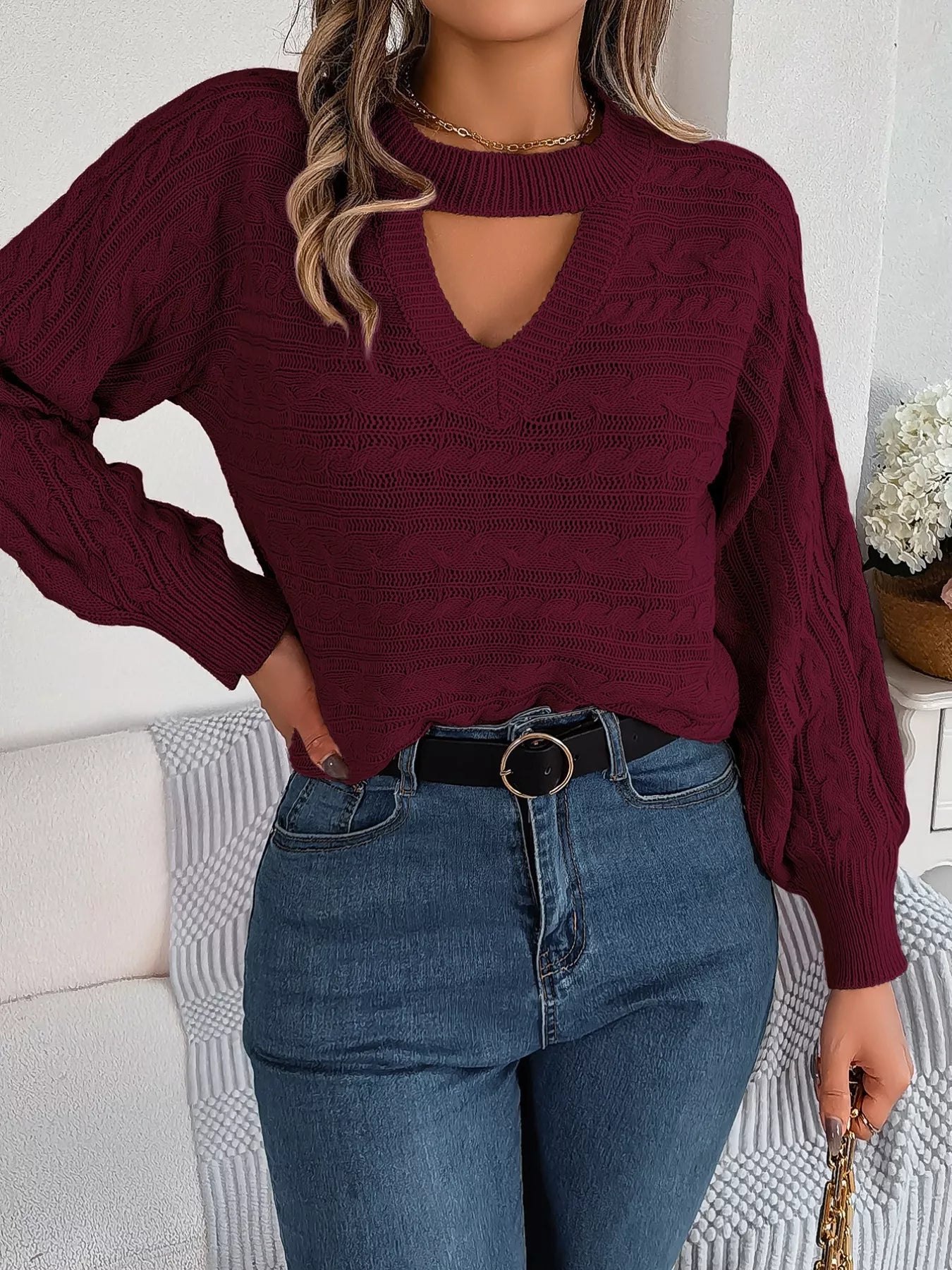 Cable-Knit Cutout Round Neck Sweater 