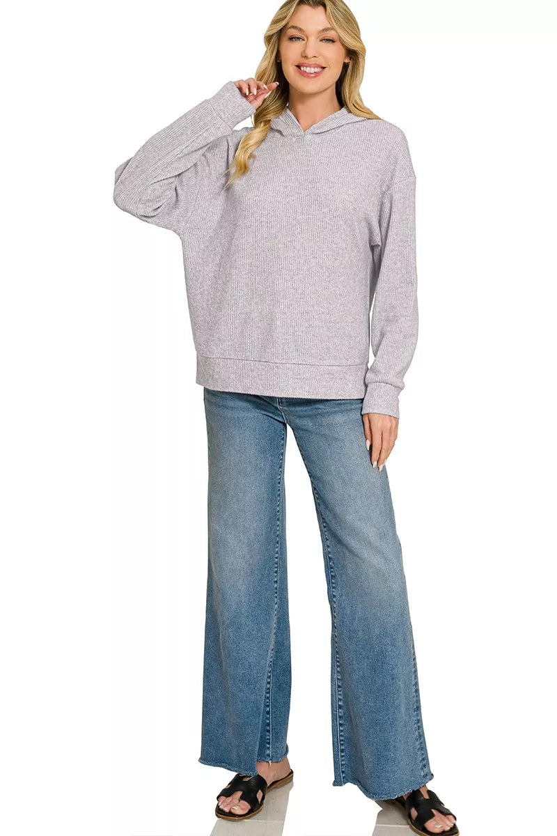 Zenana Brushed Ribbed Hacci Hoodie Pullover 
