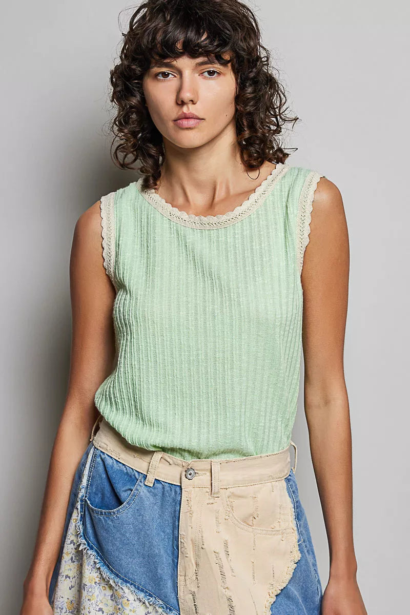 POL Ribbed Round Neck Tank with Lace Trim 
