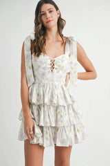 MABLE Floral Print Shoulder Tie Layered Mini Dress 