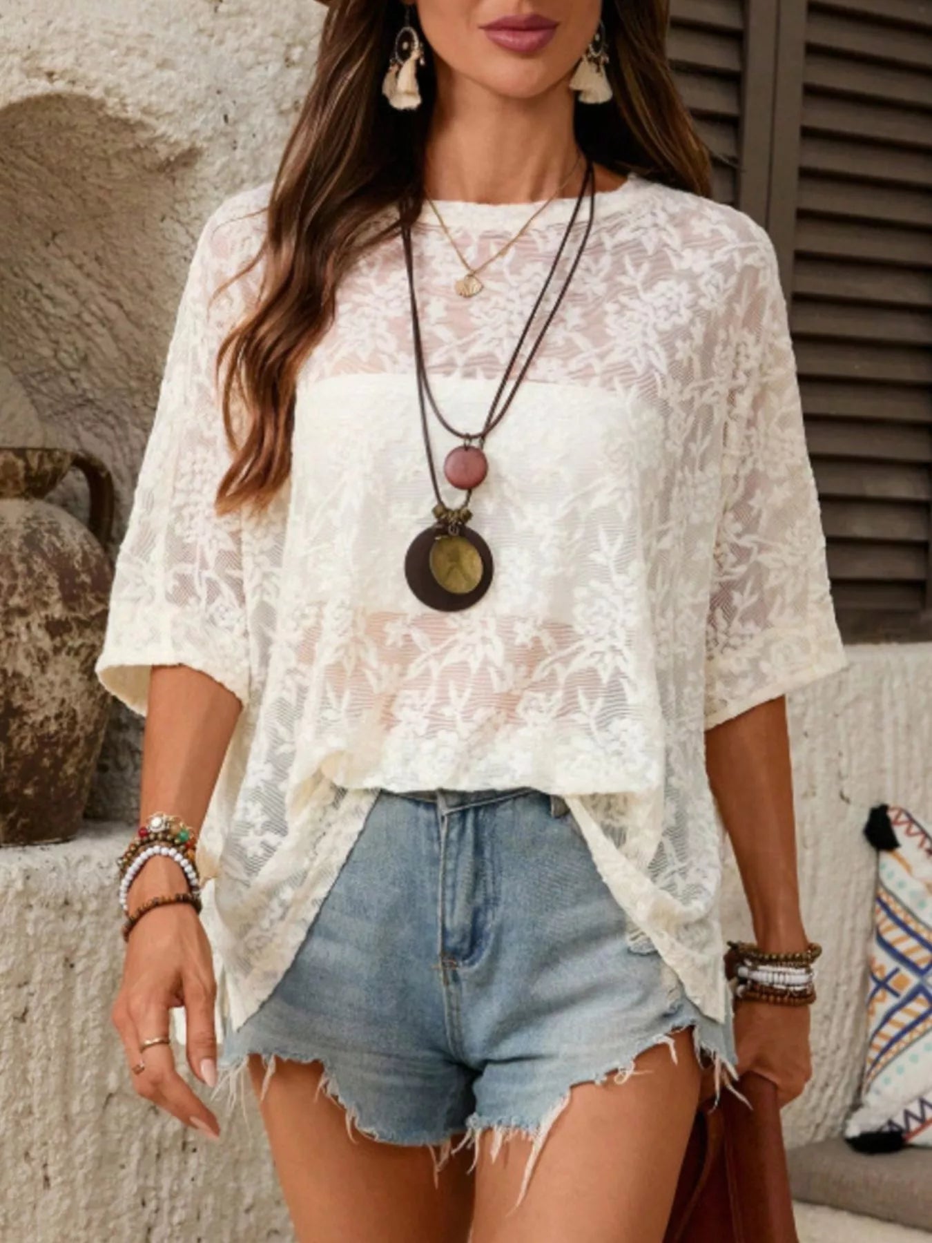 Floral Lace Sheer Round Neck Top 