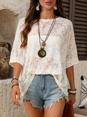 Floral Lace Sheer Round Neck Top 