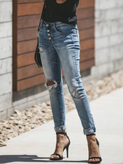 Distressed Button-Fly Skinny Jeans 
