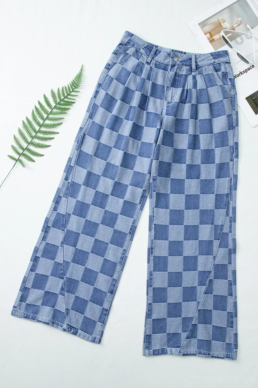 Checkered Wide Leg Jeans with Pockets 