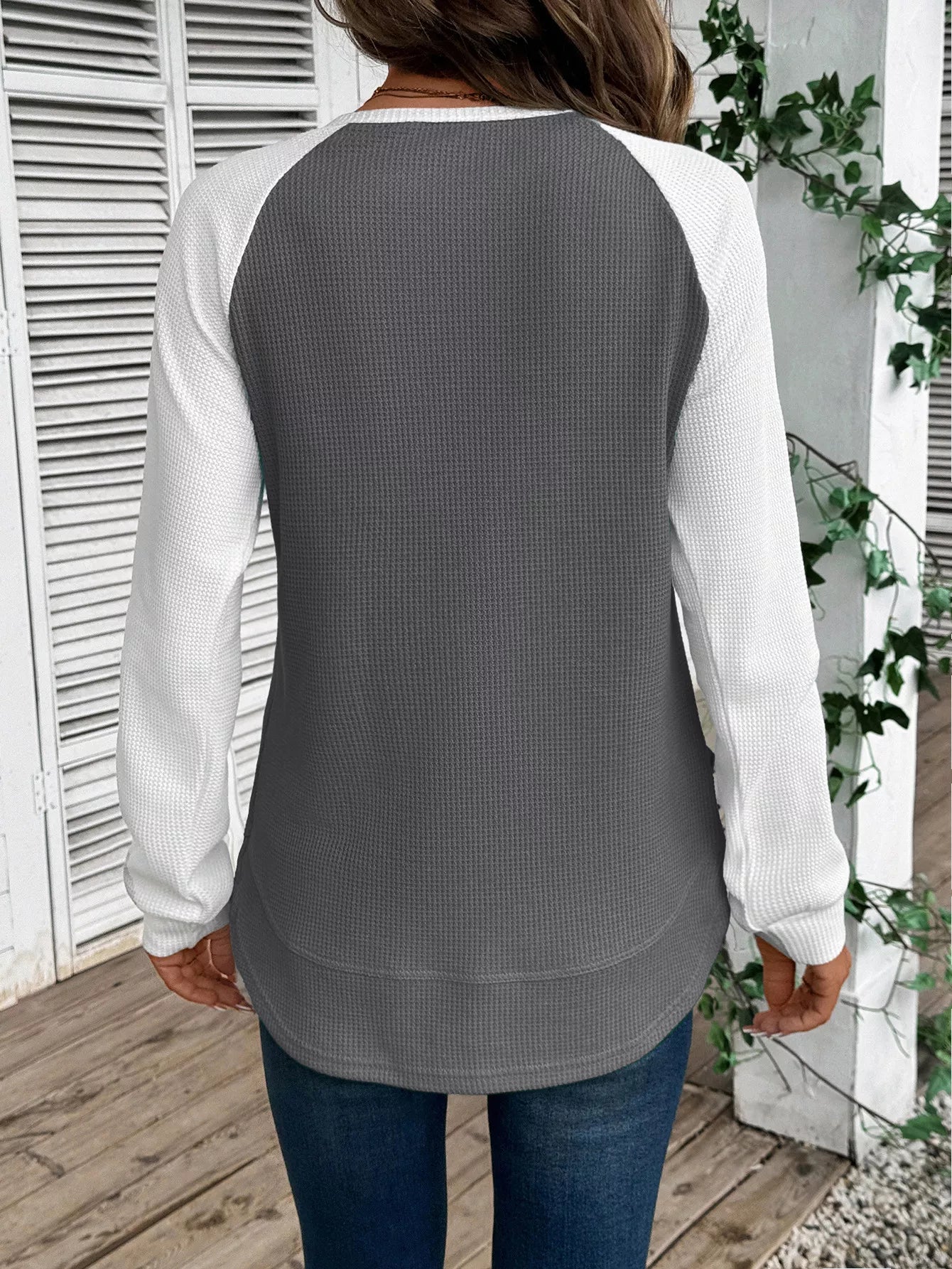 Contrast Raglan Sleeve Waffle Knit T-Shirt 