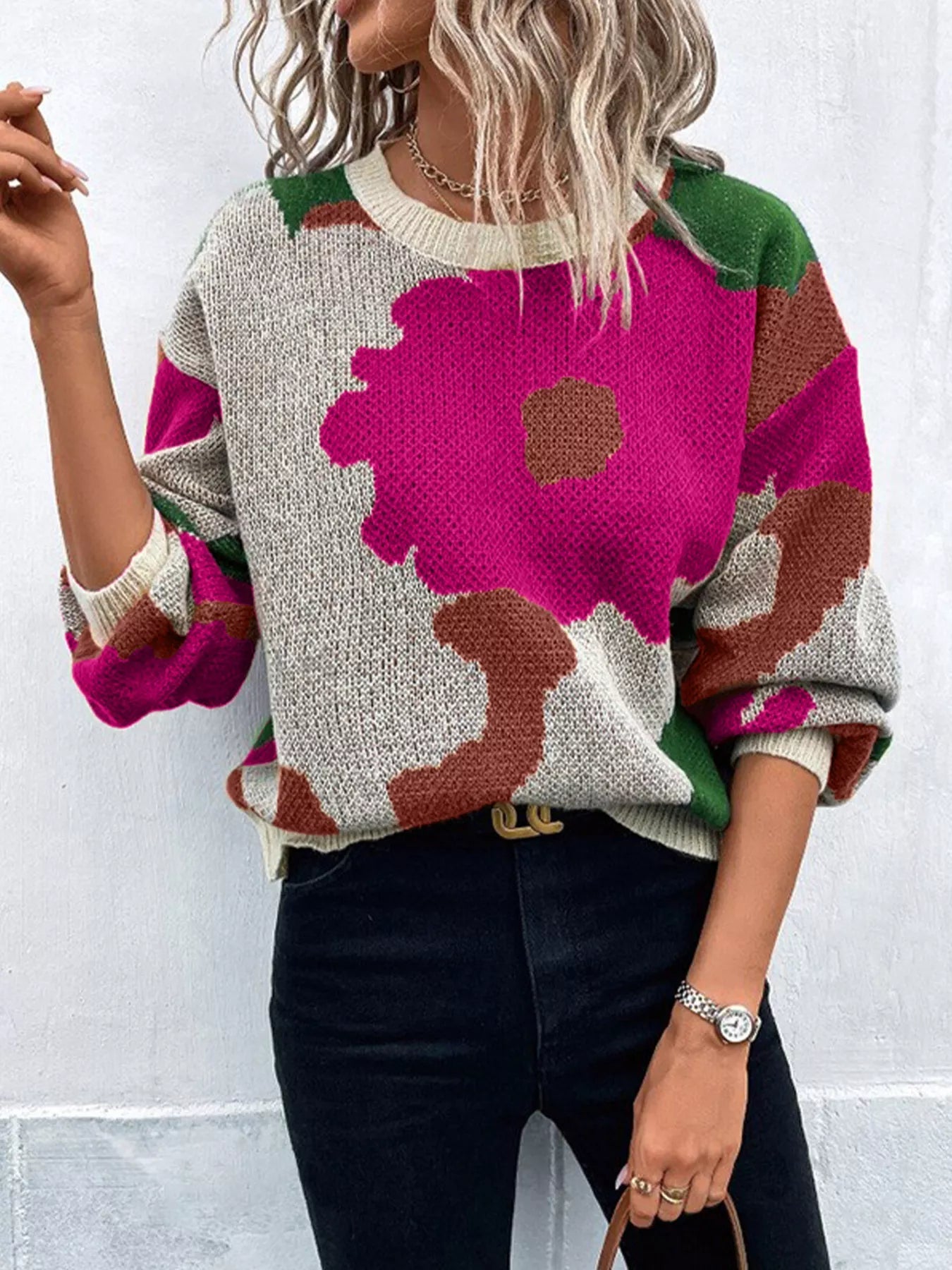 Floral Pattern Round Neck Sweater 