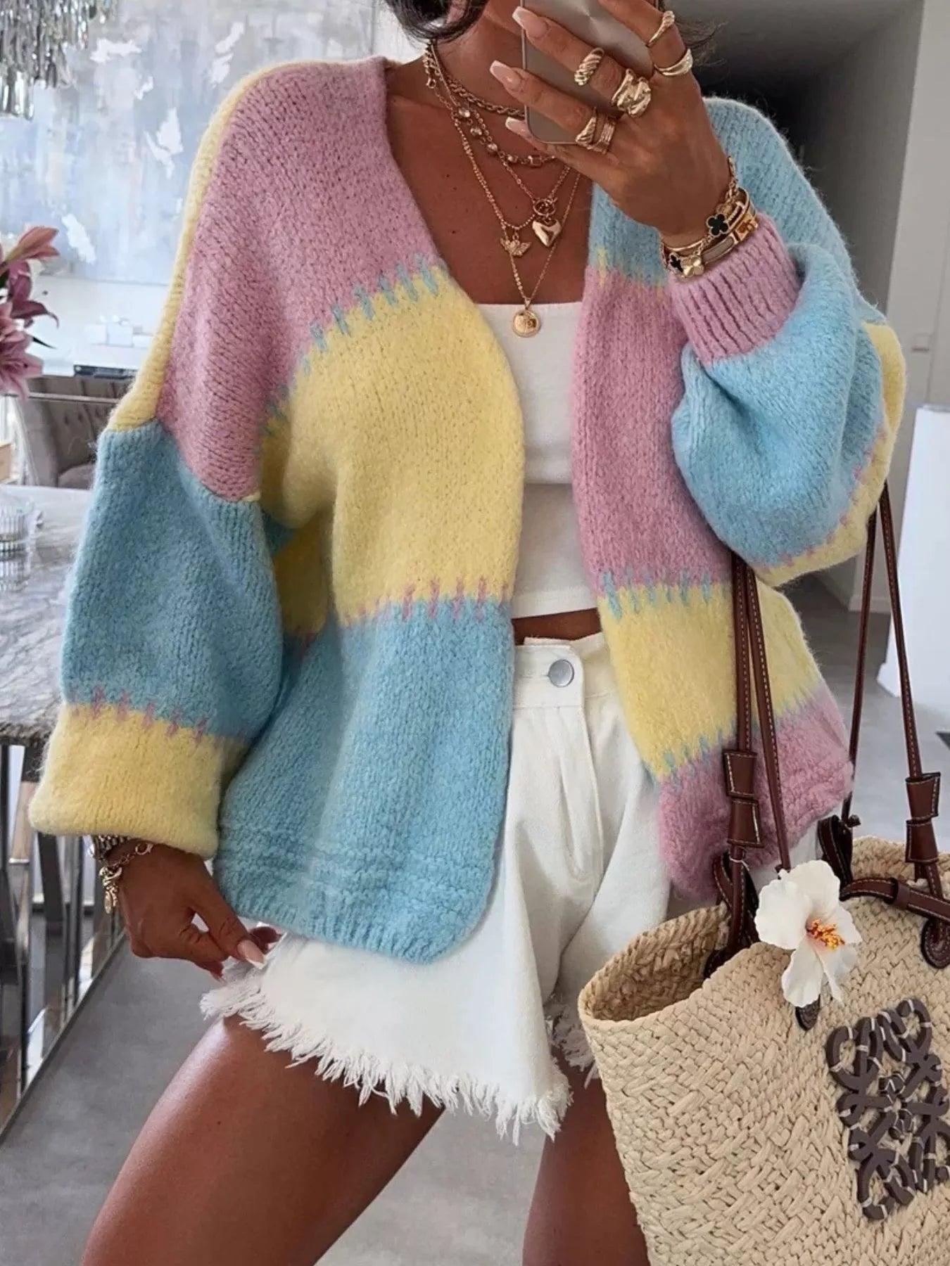 Color Block Open Front Cardigan 