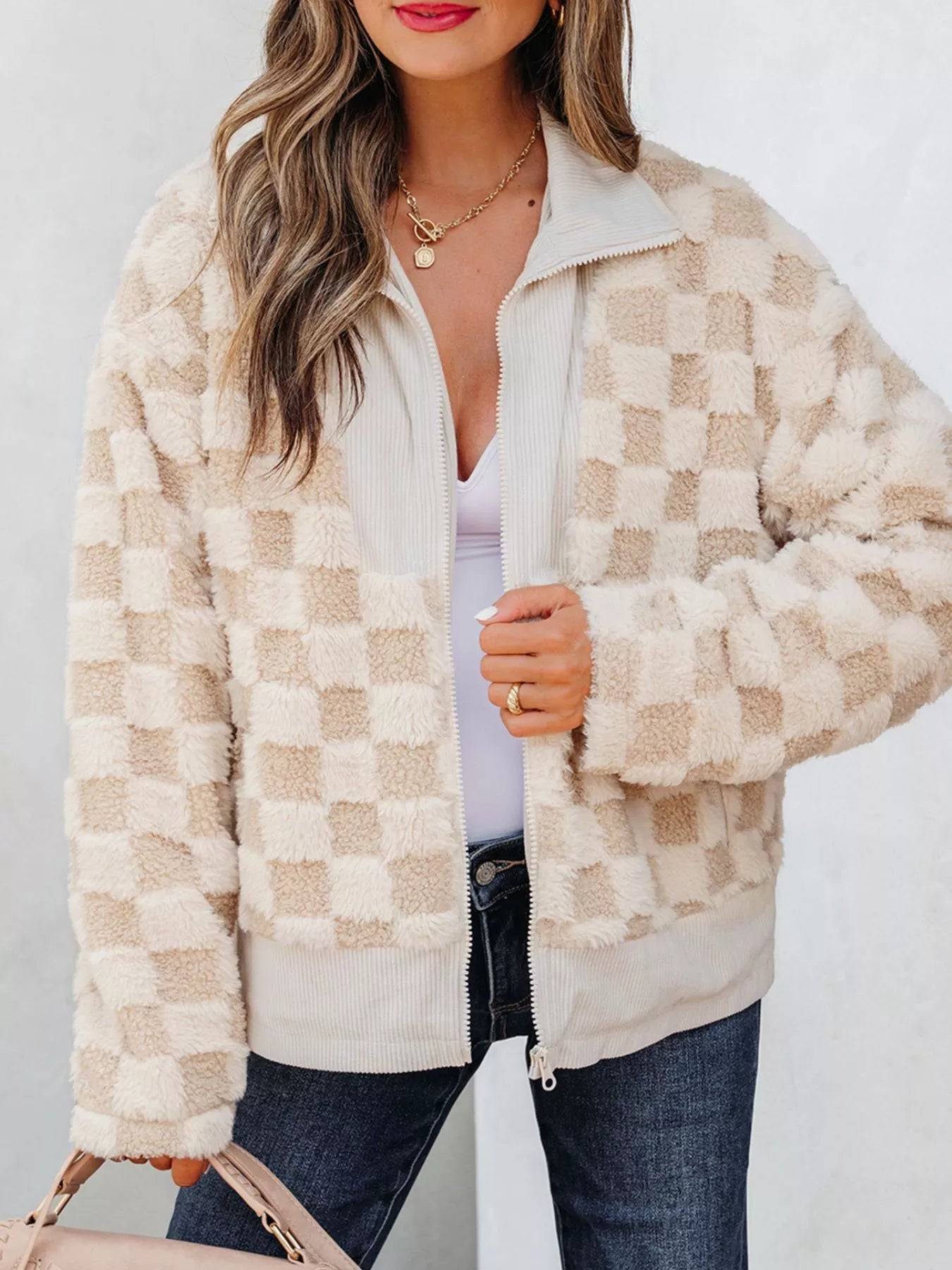 Checker Sherpa Corduroy Patchwork Zip Up Jacket 