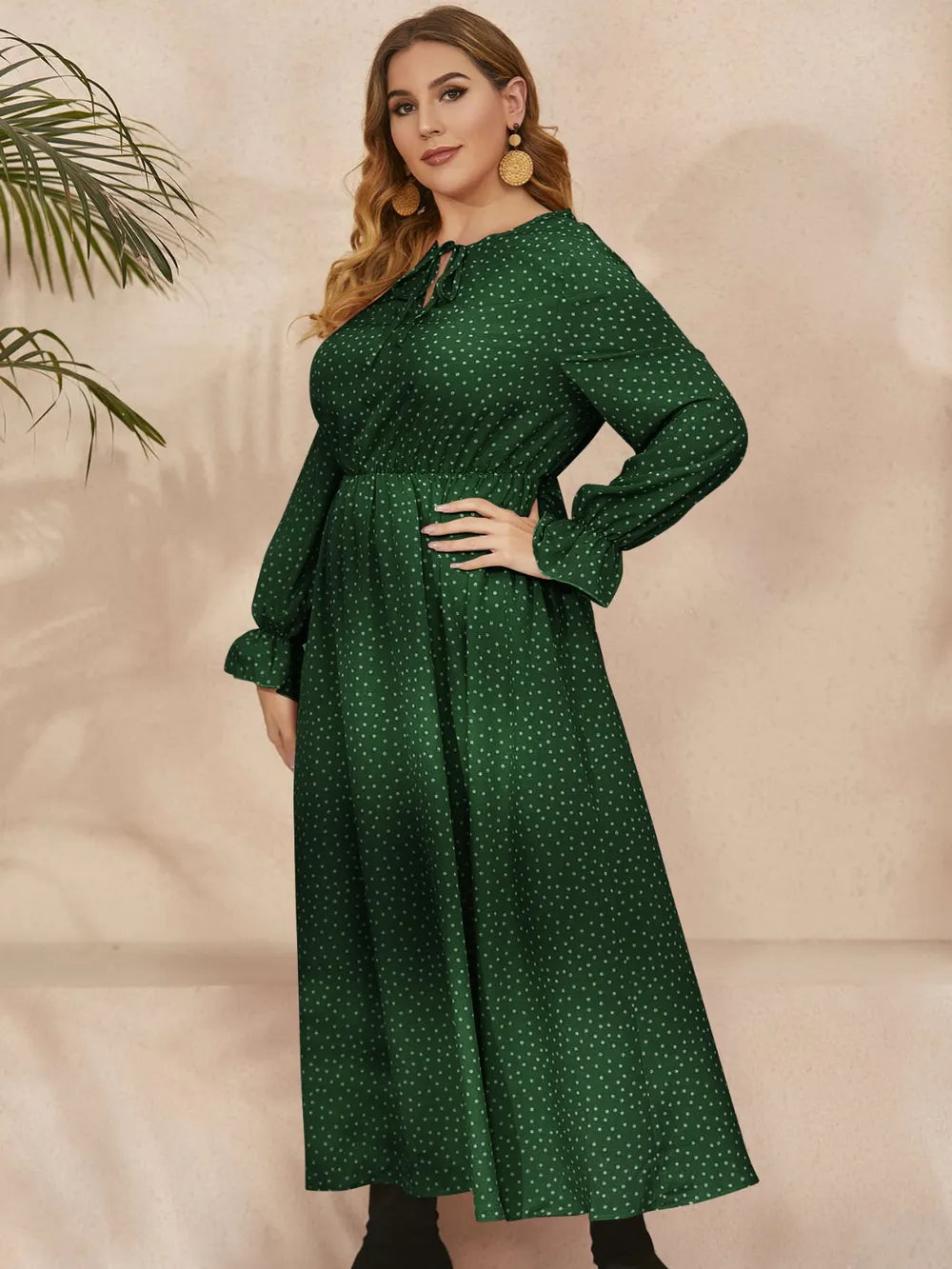 Honey Plus Size Ruffled Polka Dot Long Sleeve Midi Dress 