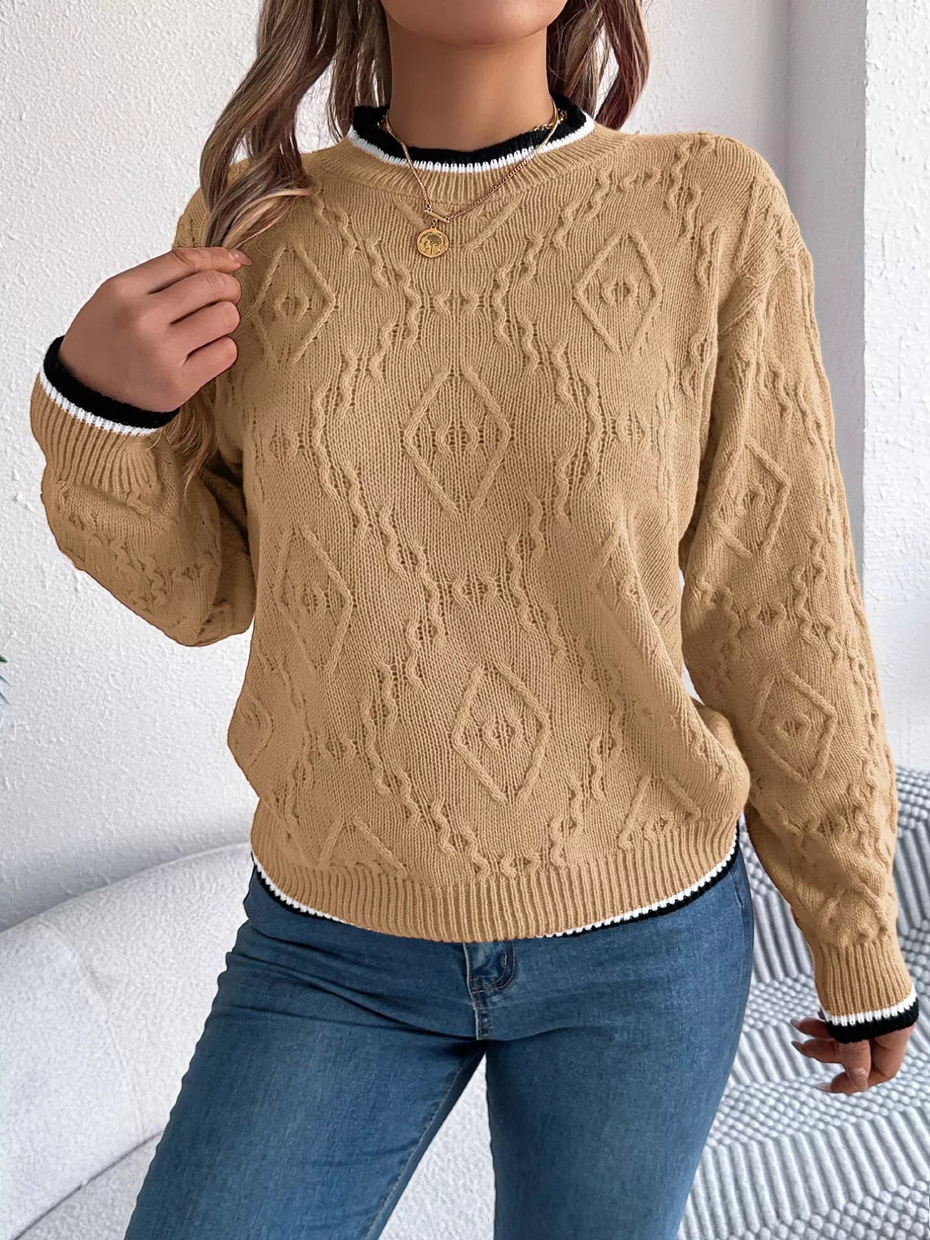 Contrast Trim Round Neck Sweater 