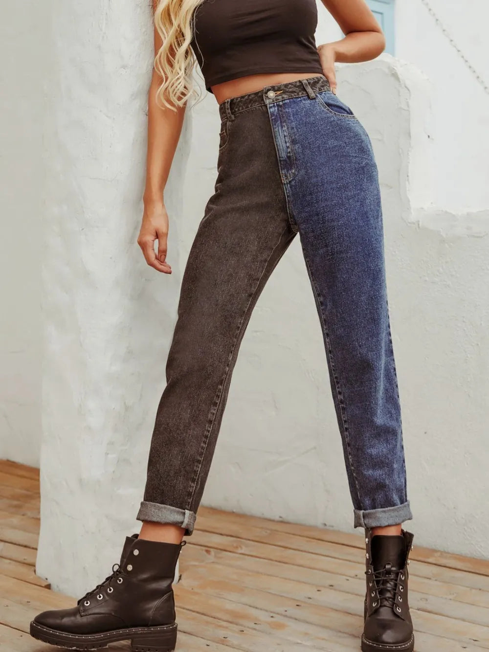 Two Tone Straight Leg Jeans 