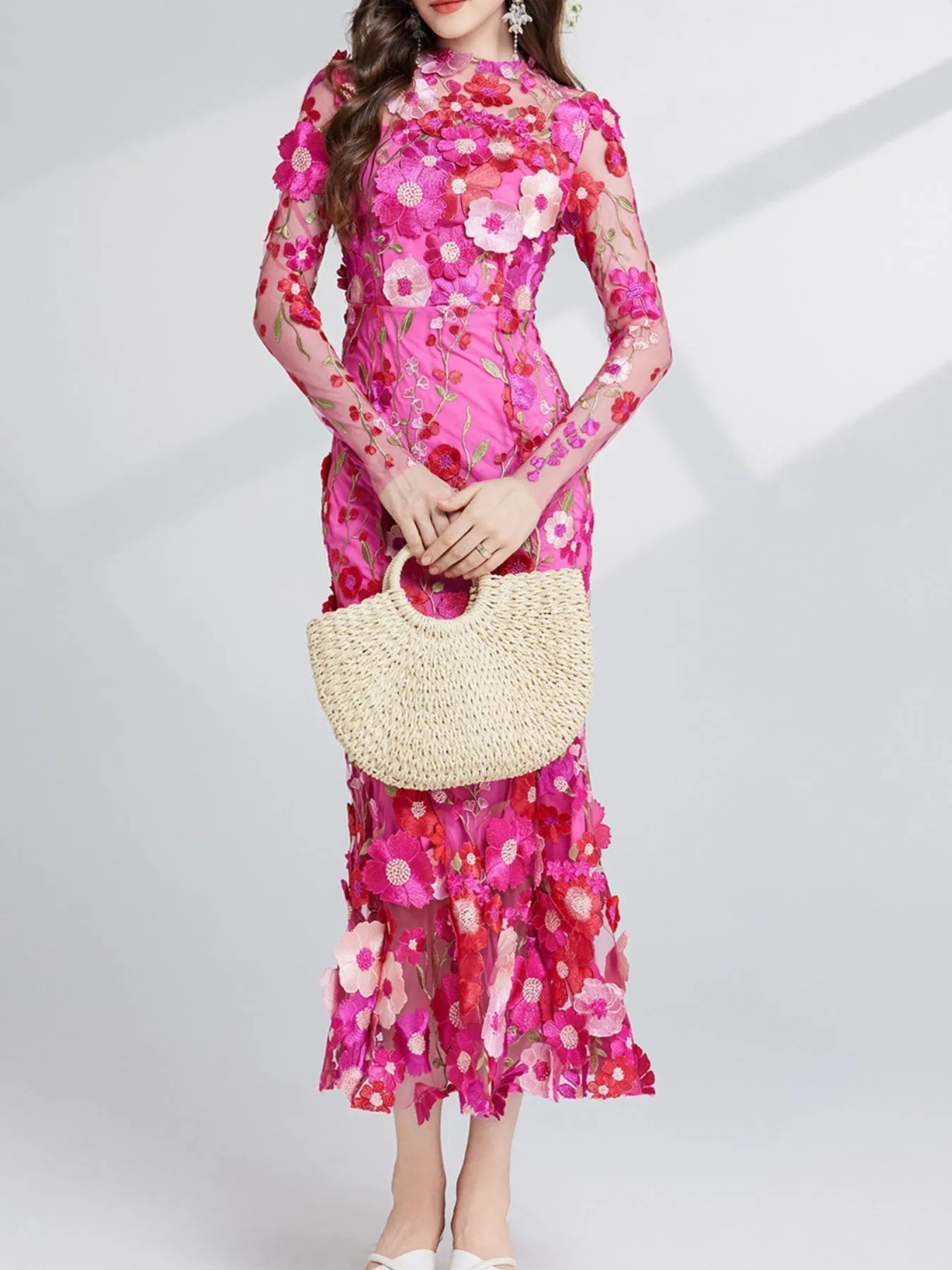 Floral Embroidered Mesh Long Sleeve Midi Dress 