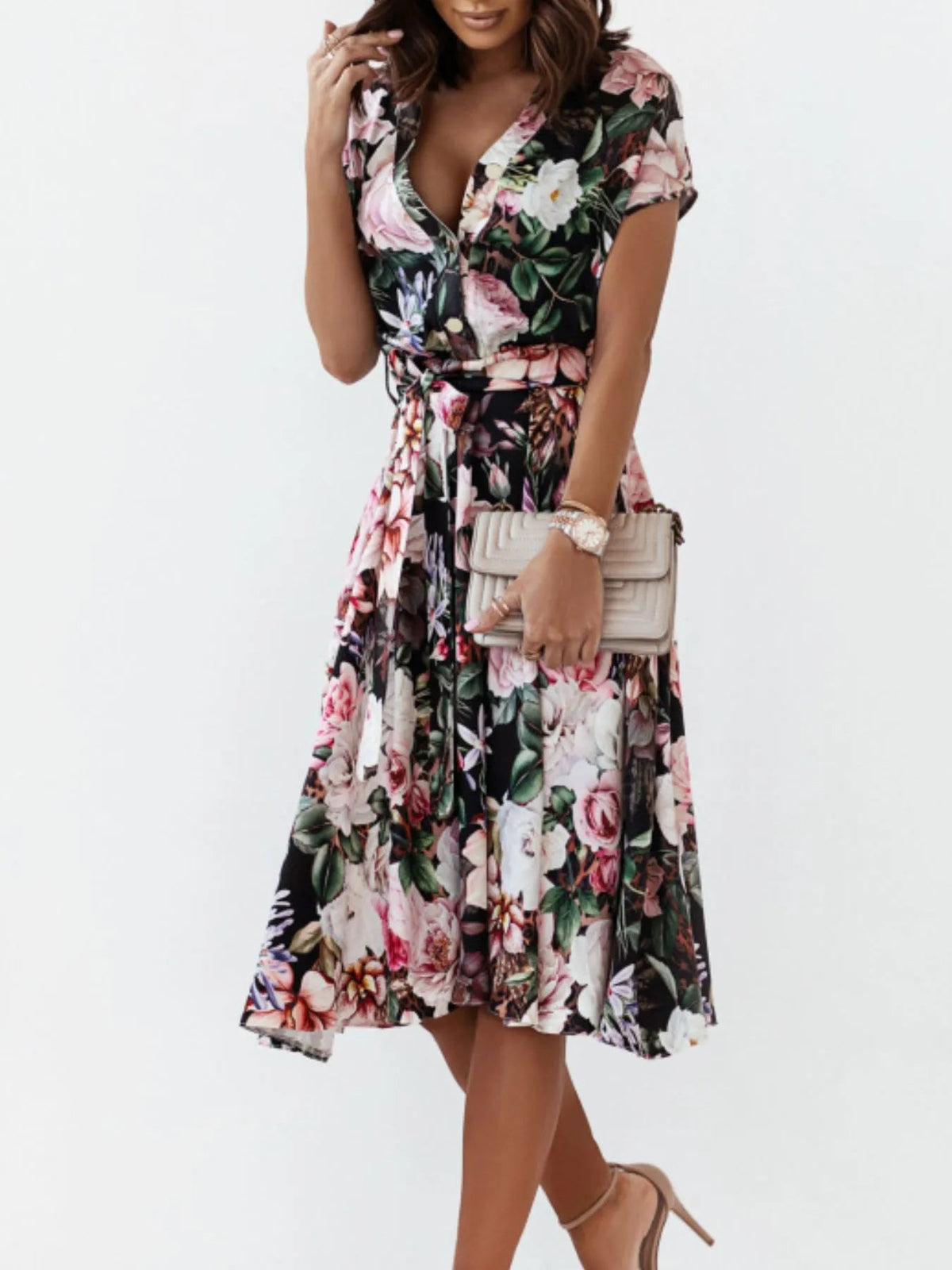 Floral Short Sleeve Midi Dress 