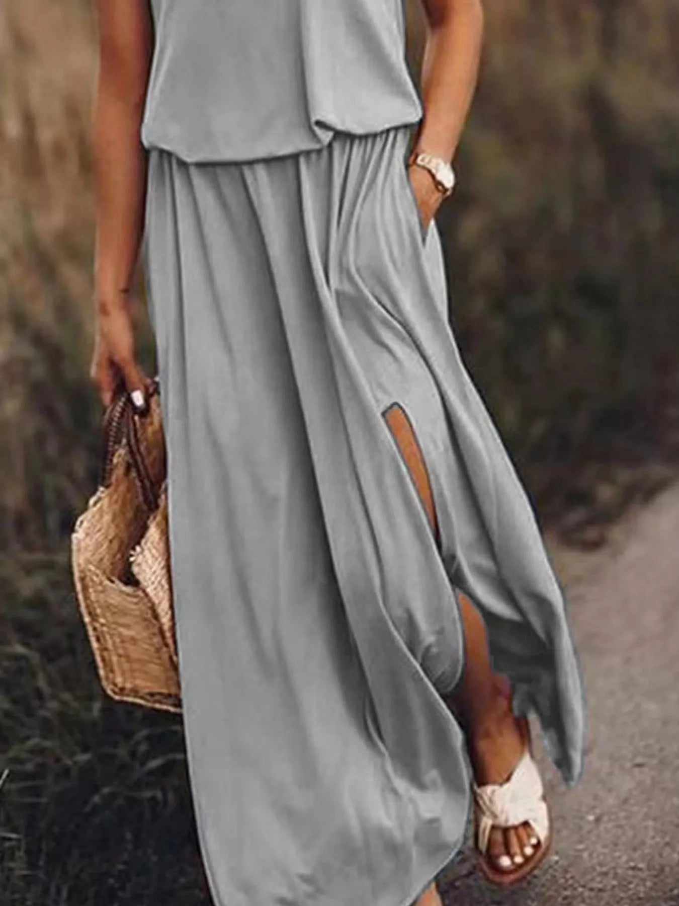 Full Size Round Neck Sleeveless Slit Maxi Dress Plus Size 