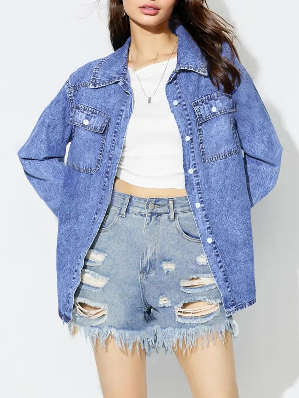 Curved Hem Collared Neck Denim Top 