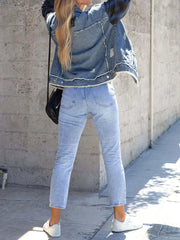 Raw Hem Plaid Sleeve Denim Jacket 