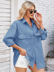 Pocketed Snap Down Dropped Shoulder Denim Shacket 