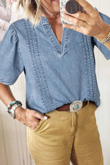 Casual Notched Puff Sleeve Denim Top 