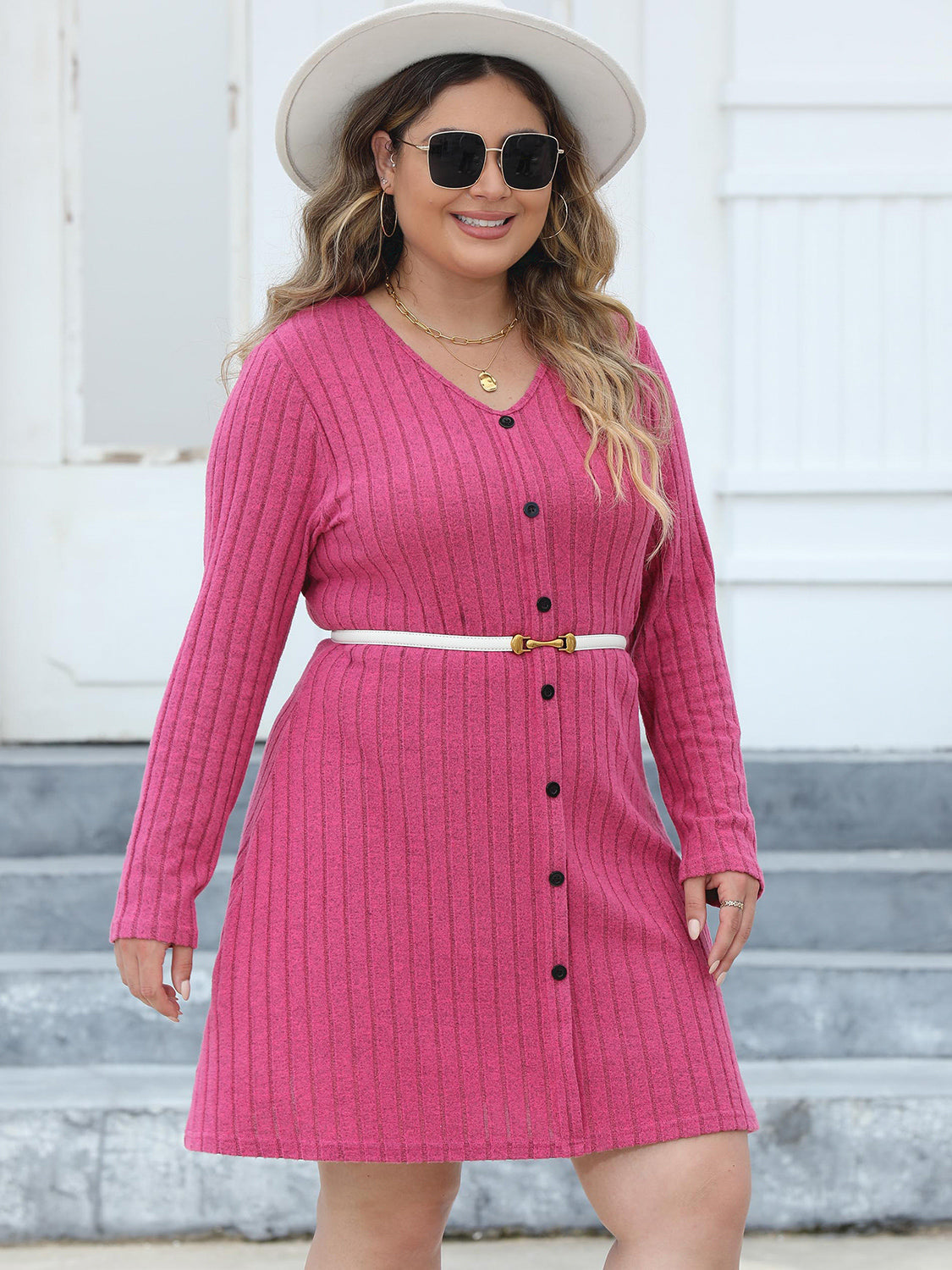 Plus Size Ribbed Buttoned V-Neck Long Sleeve Dress 