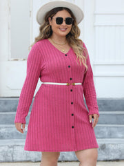 Plus Size Ribbed Buttoned V-Neck Long Sleeve Dress 