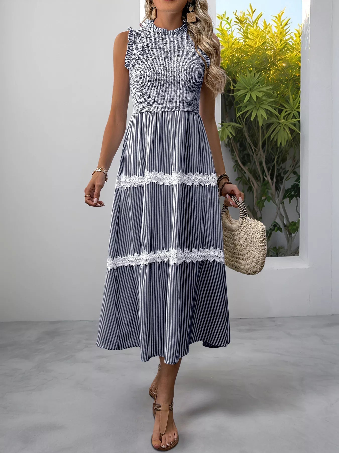 Smocked Striped Lace Trim Sleeveless Midi Dress 