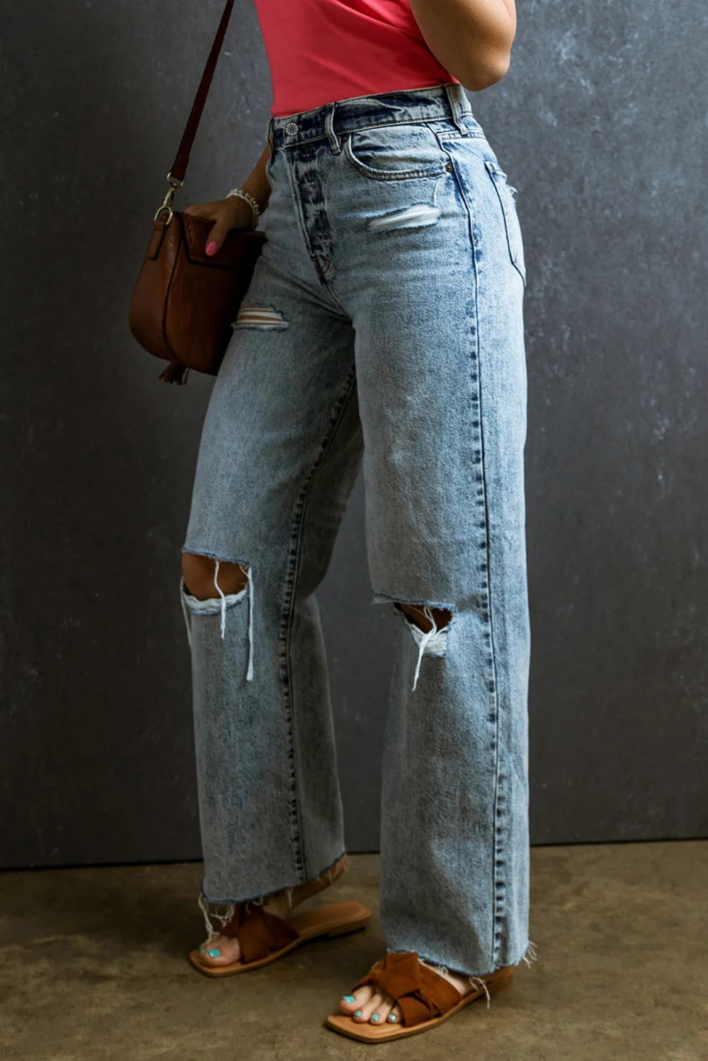 Distressed Raw Hem Straight Jeans 