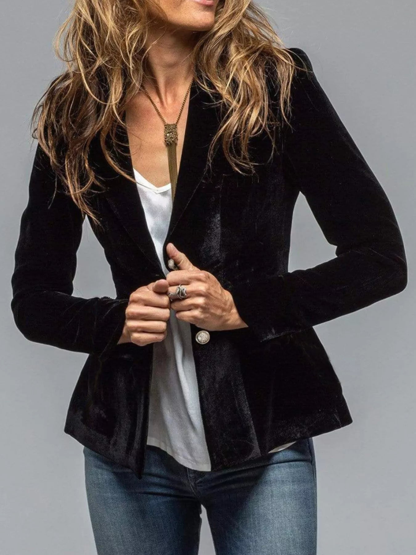 Velvet Lapel Collar Button Up Blazer 
