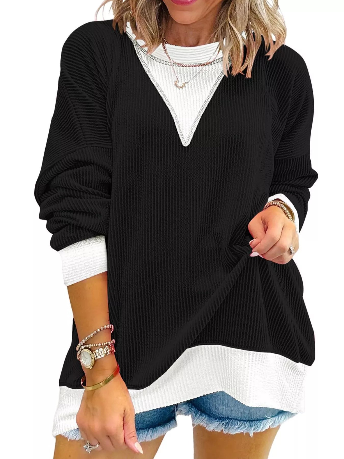 Two-Tone Ribbed Knit Sweatshirt 