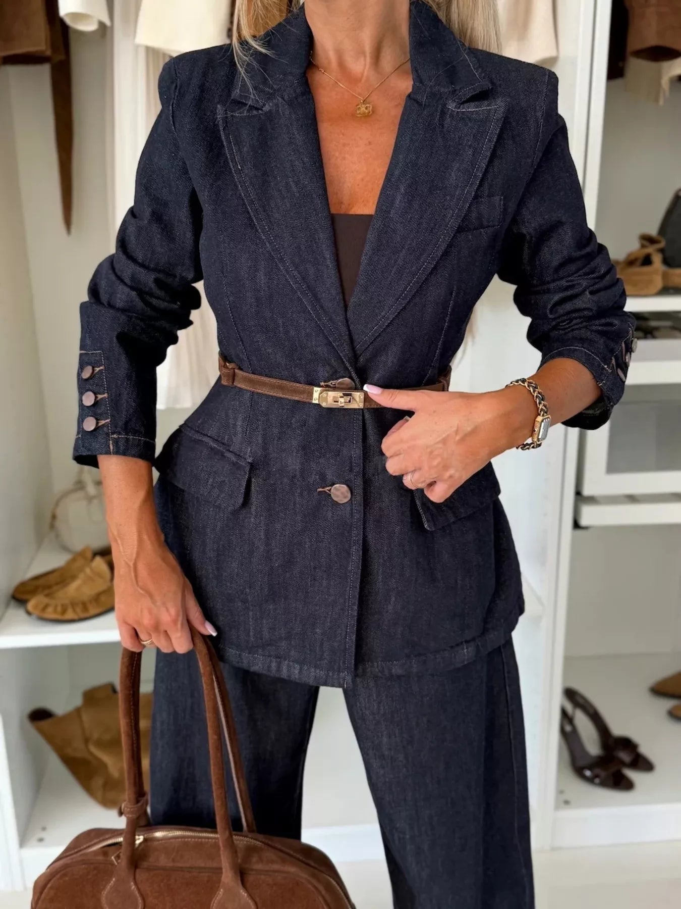 Single-Breasted Washed Denim Blazer 