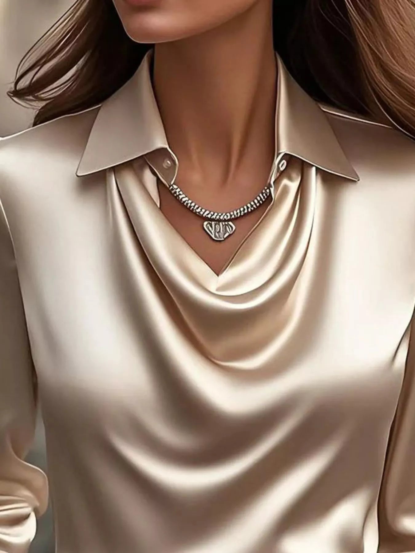 Ruched Long Sleeve Drape Collar Blouse 
