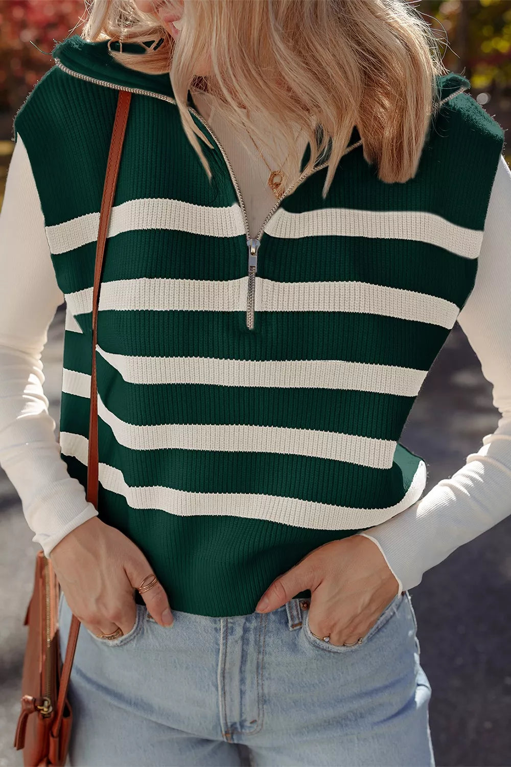 Ribbed Half Zip Collared Sweater Vest 
