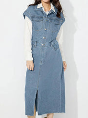 Slit Half Button Collared Neck Cap Sleeve Denim Dress 