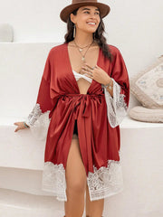 Plus Size Lace Patchwork Tie Front Robe 