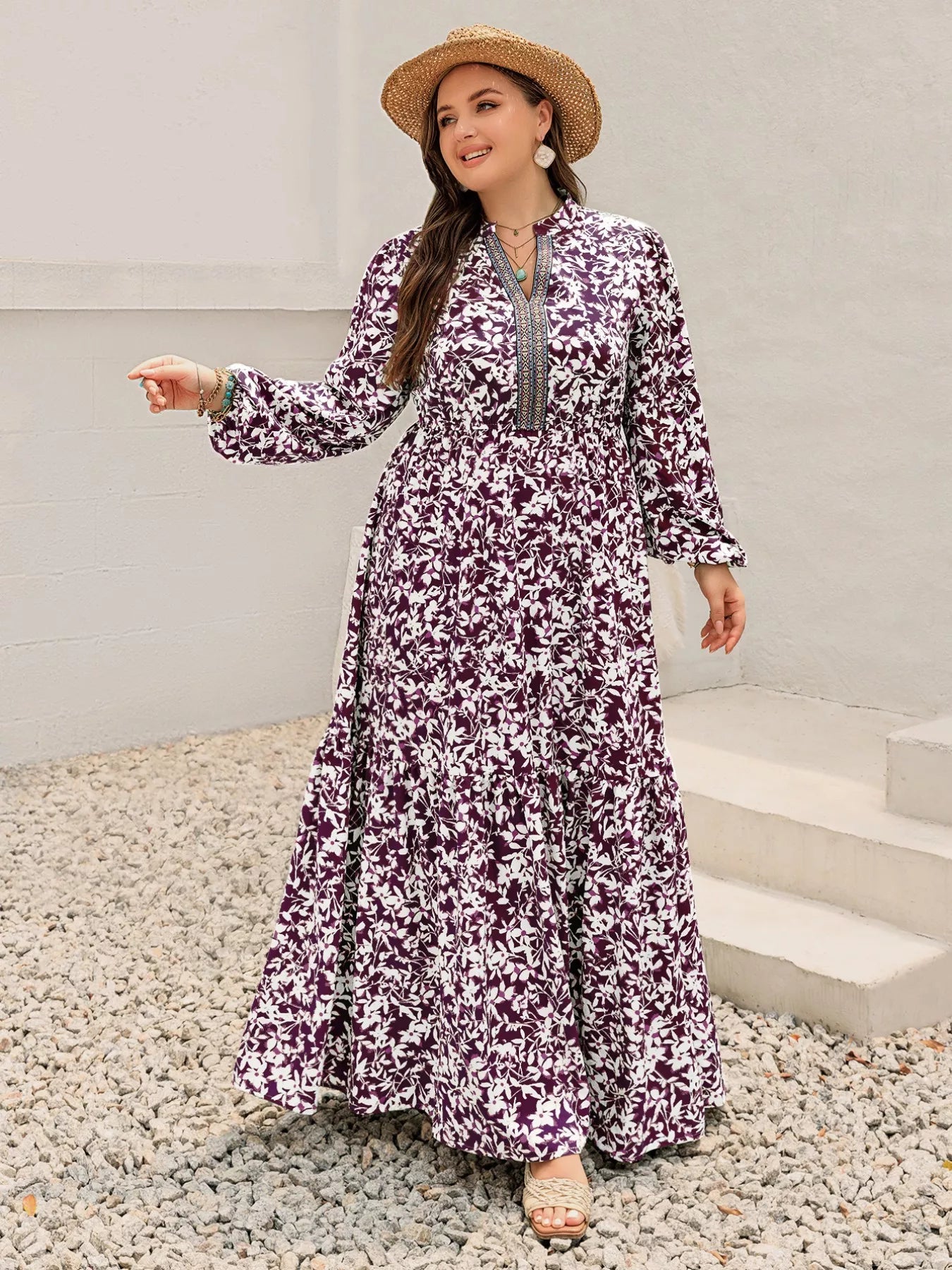 Plus Size Floral Print Maxi Dress with Long Sleeves 