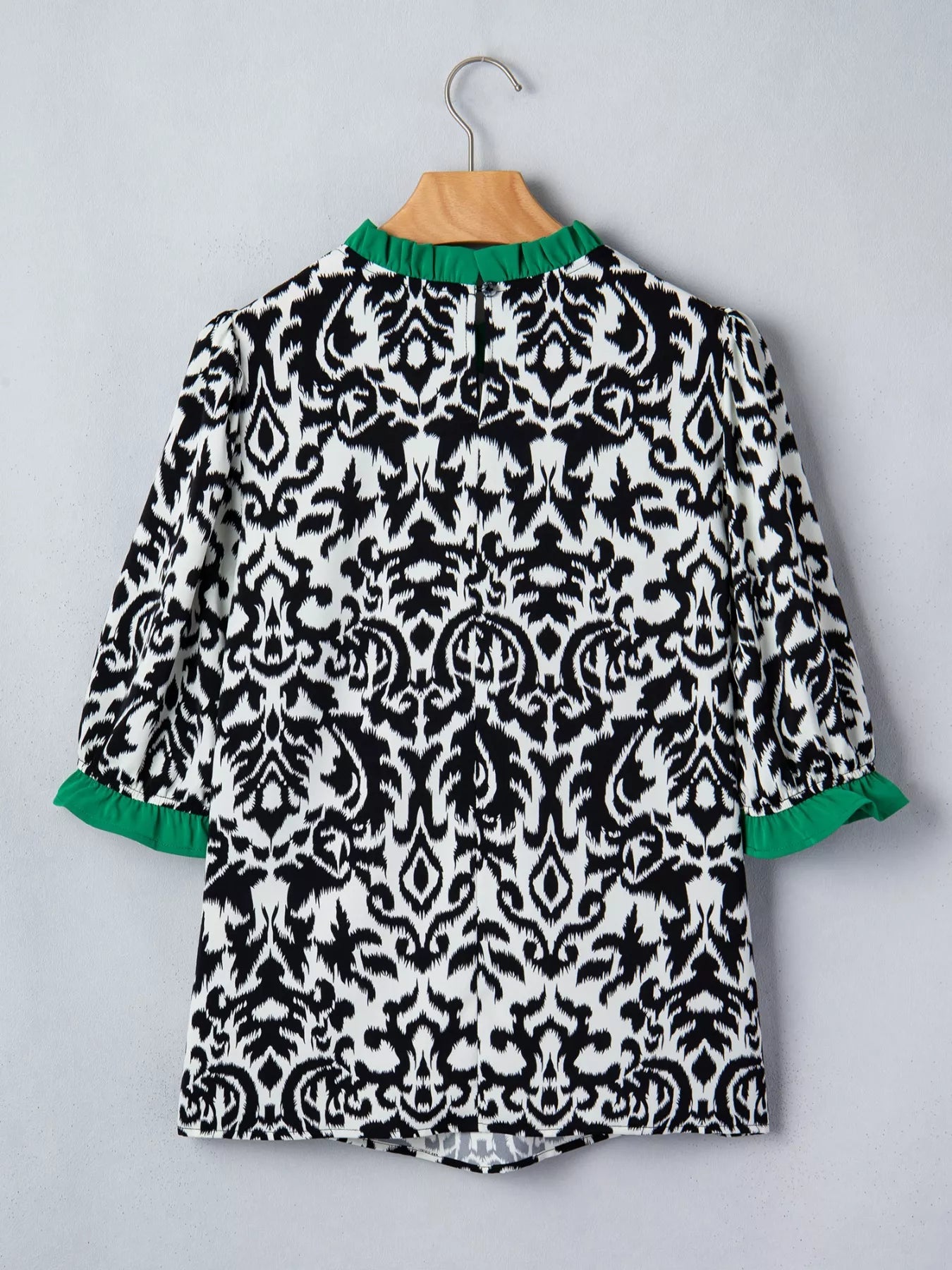 Damask Print Ruffled Color Block Detail Half Sleeve Blouse 