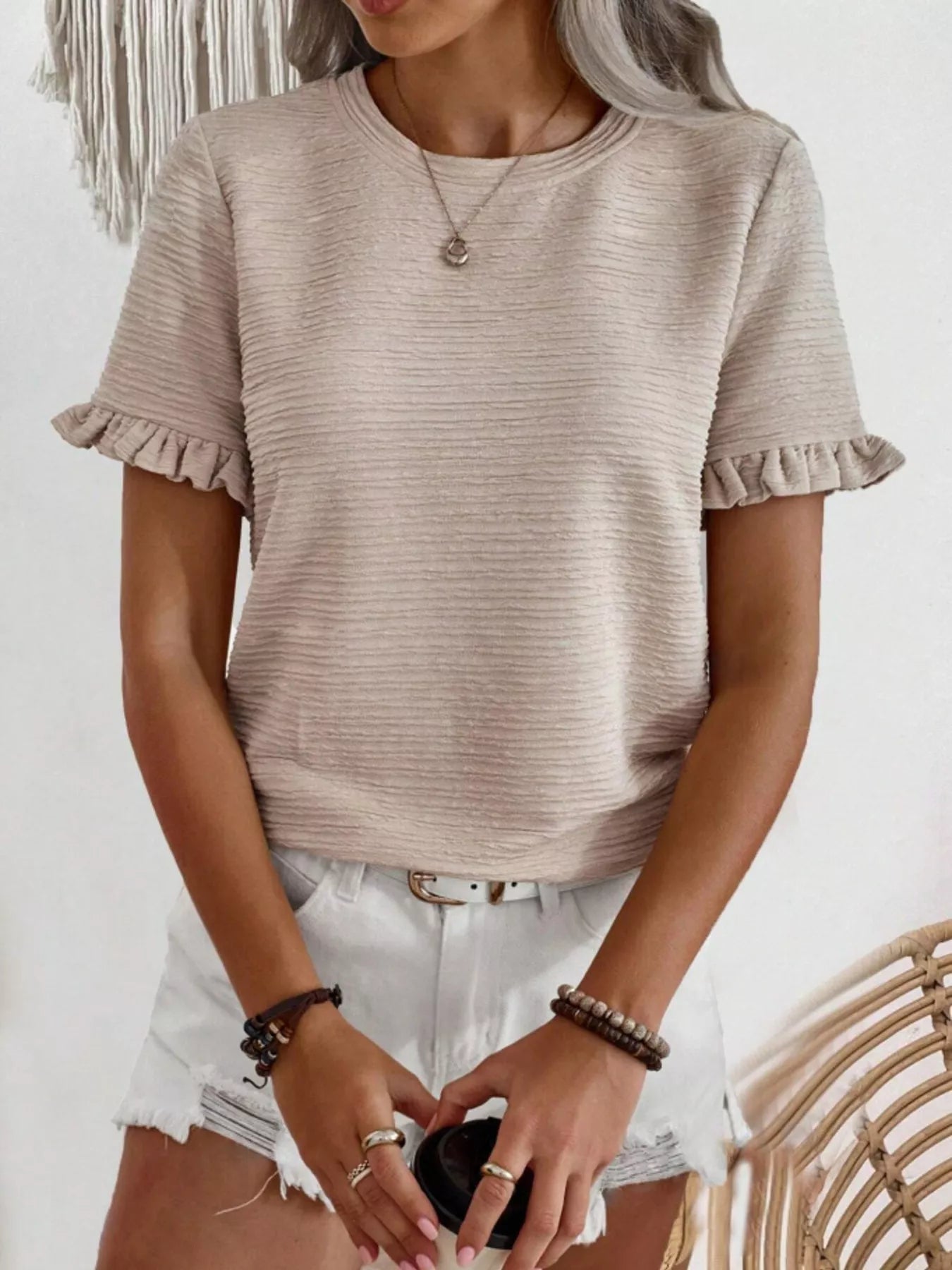 Textured Ruffle Sleeve Round Neck T-Shirt 
