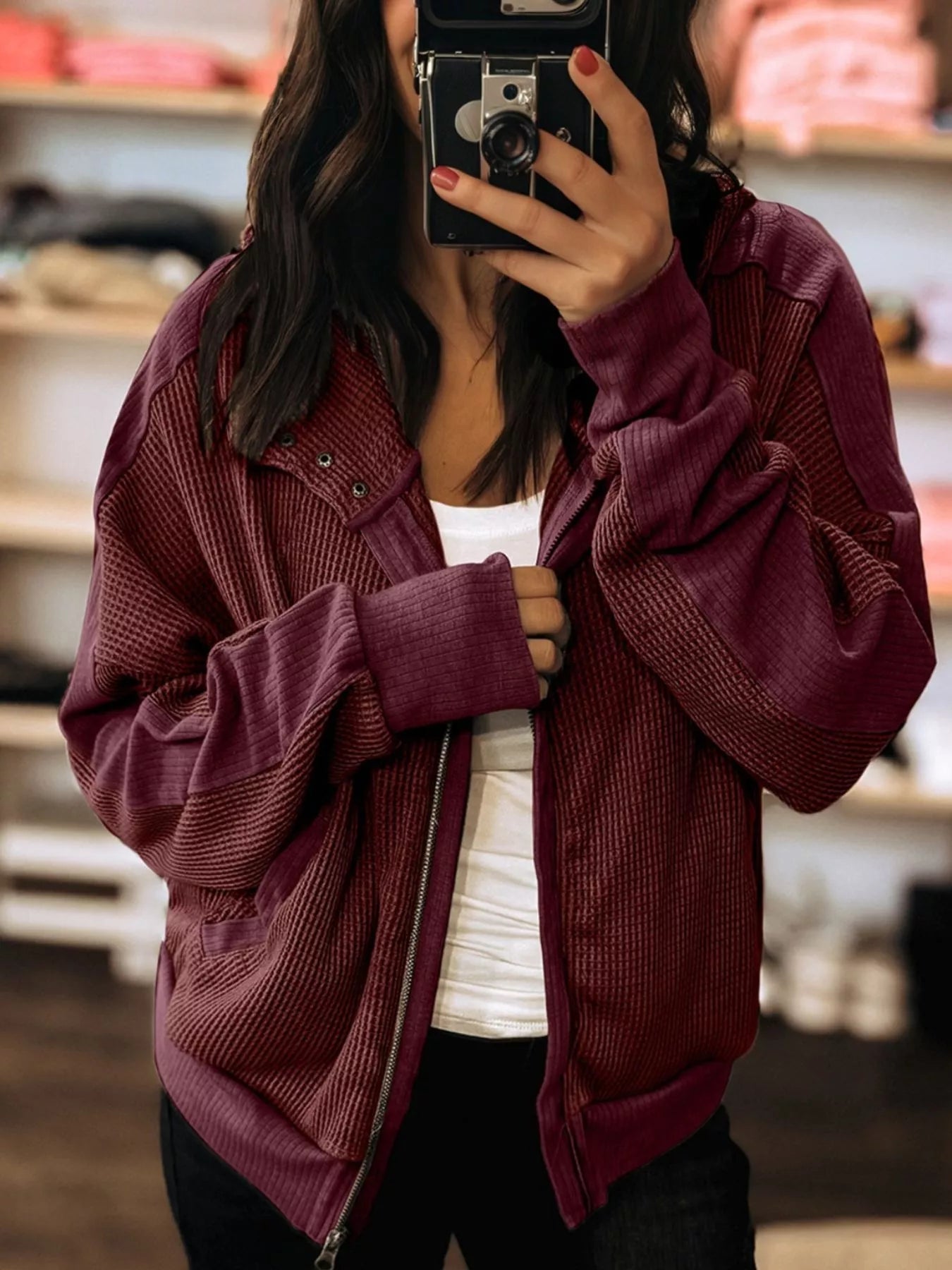Waffle Zip Up Hooded Jacket with Pockets 