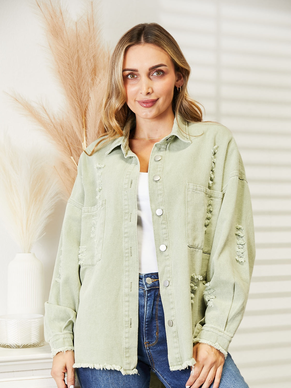 Distressed Raw Hem Denim Jacket 
