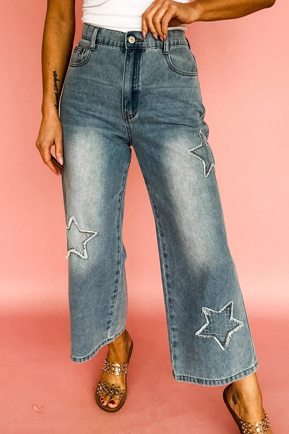 Star Embroidered High Waist Wide Leg Jeans 
