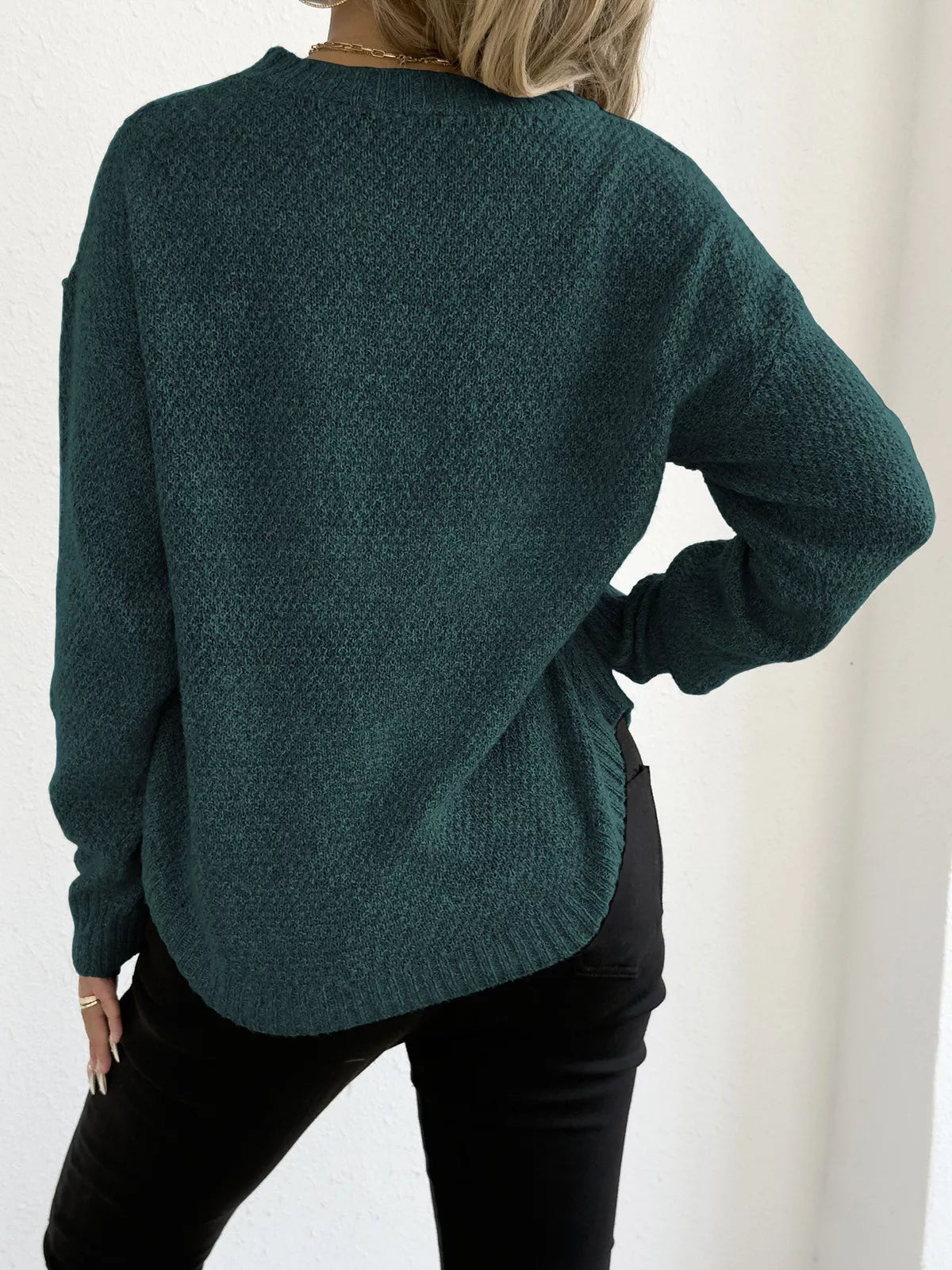 Textured Knit Relaxed Fit Round Neck Sweater 